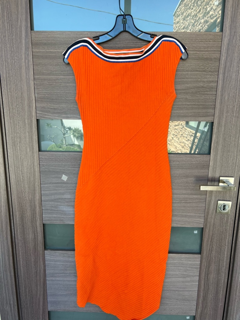 Karen Millen Vibrant Orange Midi Dress with Striped Neckline size Small